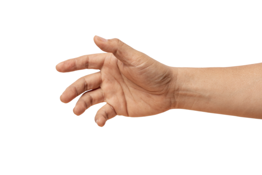 man hand holding something like a bottle on white background