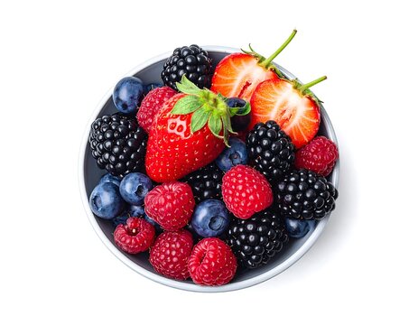 A colorful bowl of mixed berries strawberries, raspberries, blackberries, and blueberries