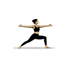 Illustration of a woman in warrior two yoga pose, wearing black athletic clothing against a white background.