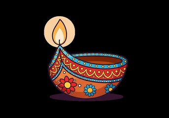 Brightly decorated traditional diya lamp illuminated with warm flame for festive occasions
