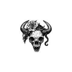 Vintage engraving style illustration of a horned human skull decorated with a rose and snake. Detailed dark art sketch for gothic, occult, or rock and roll themes