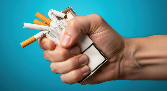 Quitting Smoking Concept: Man's Hand Crushing a Pack of Cigarettes. Symbolizing Breaking Tobacco Addiction and Making a Healthy Choice