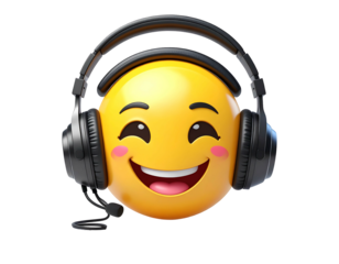 Smiling yellow emoji face wearing black headset with microphone, against a black background