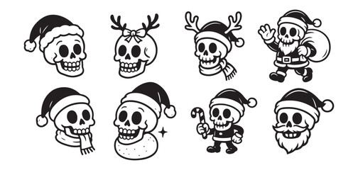 Spooky cute Christmas skulls with Santa hats and reindeer antlers for holiday designs and playful festive projects this winter season
