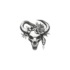 Vintage engraving style illustration of a horned human skull decorated with a rose and snake. Detailed dark art sketch for gothic, occult, or rock and roll themes