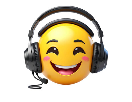 Smiling yellow emoji face wearing black headset with microphone, against a black background