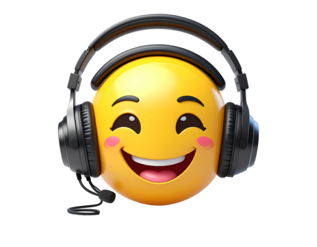 Smiling yellow emoji face wearing black headset with microphone, against a black background - Powered by Adobe