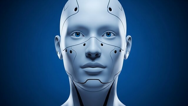 Artificial humanoid face portrait against blue background for technology concepts