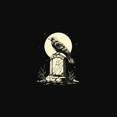 Vintage engraving style illustration of a raven on a gravestone under a full moon. Dark and spooky vector sketch for Halloween, horror, or gothic themed design