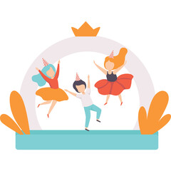 Three Diverse Children Wearing Party Hats Joyfully Dancing on a Stage Under an Archway Surrounded by Abstract Orange Foliage with a Crown Accent