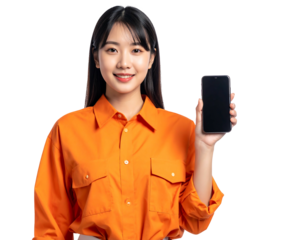 Smiling young Asian woman in orange shirt presents a phone with a blank screen on a dark background