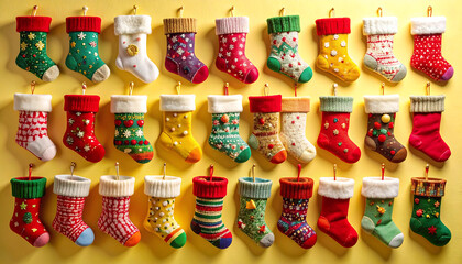 Colorful Christmas Stockings on Pastel Wall Hooks