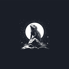 Vintage engraving style illustration of an iguana or lizard on a rock under the starry night sky and full moon. Detailed hand-drawn sketch of the reptile and tropical wildlife scene