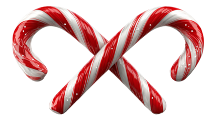 Two red and white striped candy canes crossed festive holiday display isolated on transparent background high resolution PNG Christmas sweet treat clipart for seasonal design