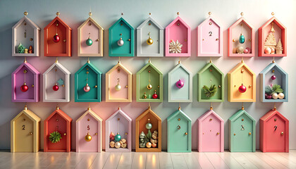 Color-Packed Advent Calendar Houses on Pastel Wall