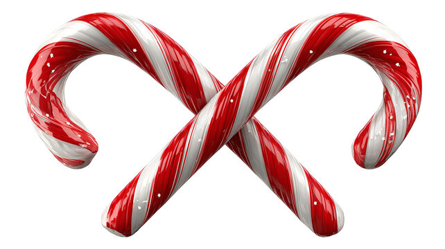 Two red and white striped candy canes crossed festive holiday display isolated on transparent background high resolution PNG Christmas sweet treat clipart for seasonal design
