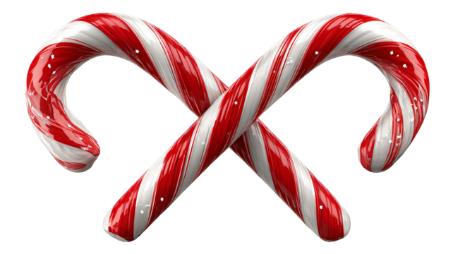 Two red and white striped candy canes crossed festive holiday display isolated on transparent background high resolution PNG Christmas sweet treat clipart for seasonal design