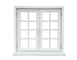 White framed window with two panes, each containing 6 divided lights, against a black background