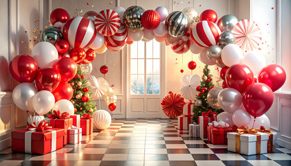 Festive Red and White Balloon Archway with Holiday Decorations