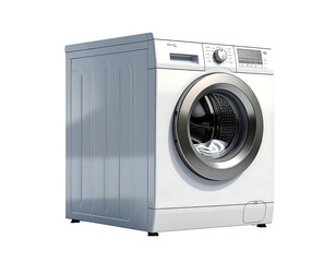 White front-loading washing machine, angled view. Light reflects off the silver ring encircling the door