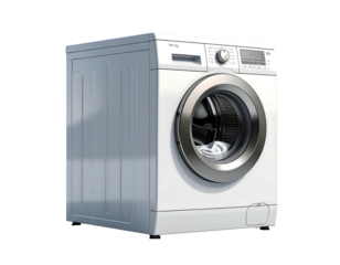 White front-loading washing machine, angled view. Light reflects off the silver ring encircling the door