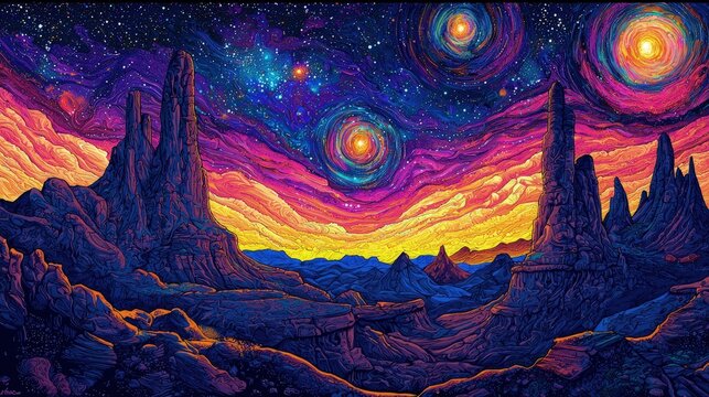 Vibrant landscape of colorful rocky mountains under a starry sky.