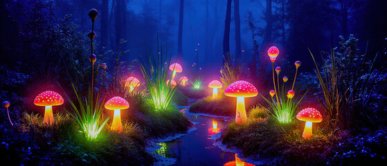 Obraz premium Garden plants emitting neon bioluminescent glows at twilight. Misty air, reflections in small puddles, glowing mushrooms and flowers, magical realism, vertical orientation.