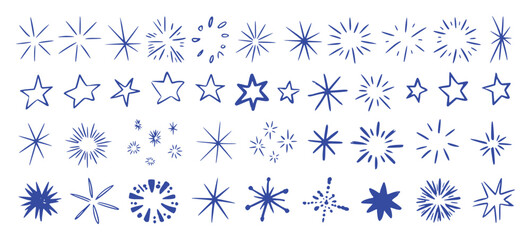 Collection of Hand-Drawn Blue Stars and Starbursts on White Background