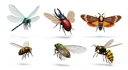 Collection of Six Different Insects Isolated on White Background.