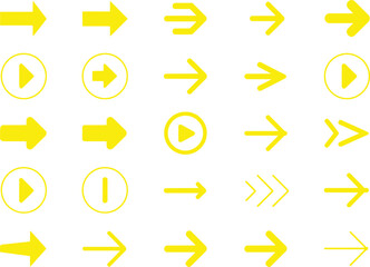 Collection of Yellow Arrow Icons and Play/Pause Symbols on White Background