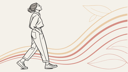 Fototapeta premium Contemplative Stroll: A woman, lost in thought, walks confidently, glancing upward. Lines depict abstract organic shapes on a soft backdrop.