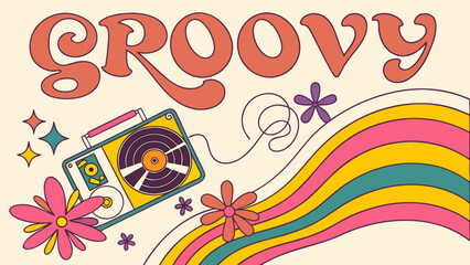 Fototapeta premium Groovy Retro Illustration: An energetic illustration showcases the word groovy, paired with a vintage radio set and a stylized wave design, evoking a sense of nostalgia, music, and carefree vibes.