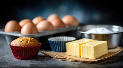 Baking Ingredients: Eggs, Butter, and Muffins on Rustic Kitchen Table with Baking Tools