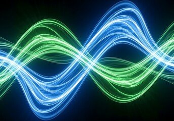 Abstract blue and green light waves intertwined symbolizing energy and flow