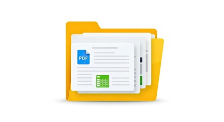Organize your digital life with this vibrant yellow folder showcasing important PDF and spreadsheet documents for efficient data management and workflow.