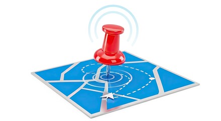 Vibrant red map pin signifies precise location tracking and navigation with digital signal waves on a modern blue map interface