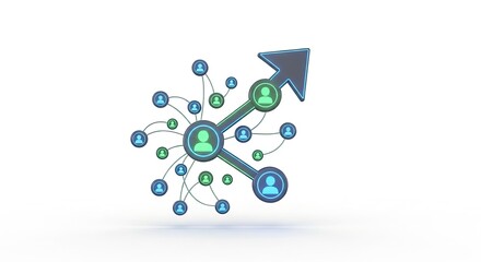 Dynamic network growth visualized with interconnected people icons and upward trending arrow, representing team success and progress in a modern digital world.
