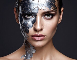 A woman's face with silver metallic textured makeup