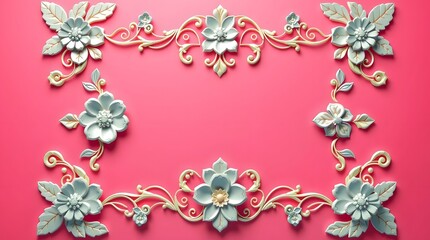 Elegant Floral 3D Frame with Golden Leaves and Pink Flowers – Decorative Border Design for Invitations, Greeting Cards, and Posters