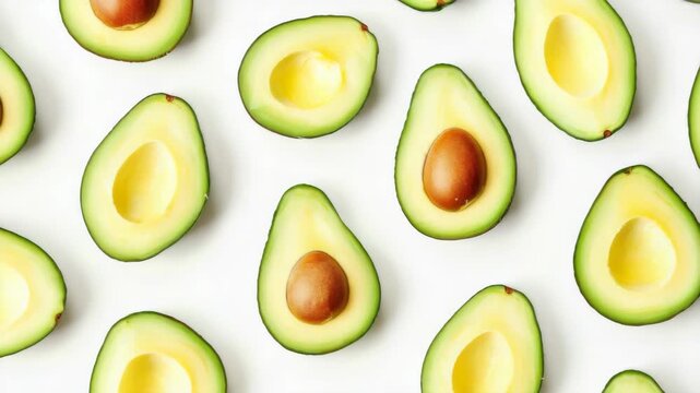 A collection of ripe avocados cut in halves and arranged neatly in a bowl, ready for use in a dish or snack.