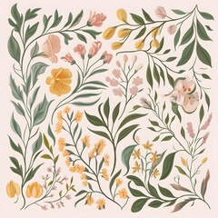 Botanical Arrangement with Peach and Yellow Blooms on Cream Back