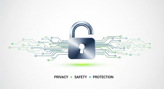 Unlock digital security with a futuristic metallic lock icon on a circuit board background symbolizing data protection and privacy