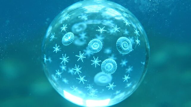 Underwater sphere with spiral shell fossils and starburst shapes glowing blue