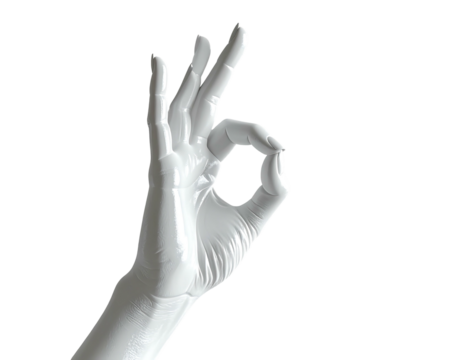 Sleek, white, sculpted hand elegantly forms an "OK" sign against a stark black background, emphasizing its gesture