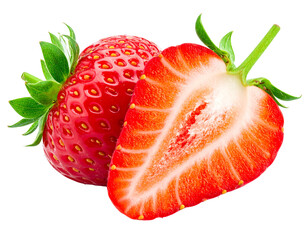 Two vibrant strawberries, one whole, one halved, revealing red flesh and seeds, against a dark background