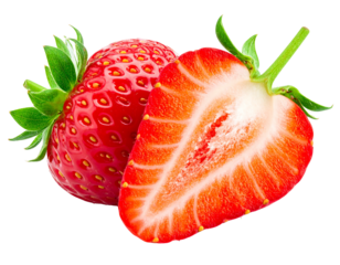 Two vibrant strawberries, one whole, one halved, revealing red flesh and seeds, against a dark background