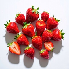 AI Generated Image of Fresh Ripe Strawberries with Halves on White Background
