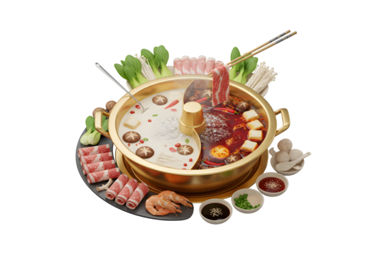 Hot pot food rendered in 3D with a blue backdrop