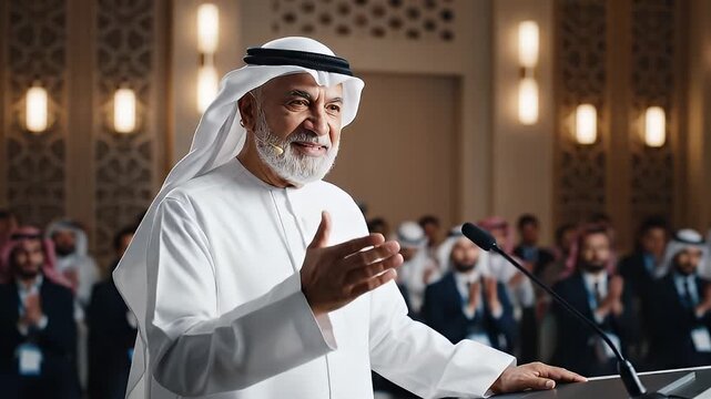 A distinguished man delivers a speech in traditional attire, before an audience, with microphones