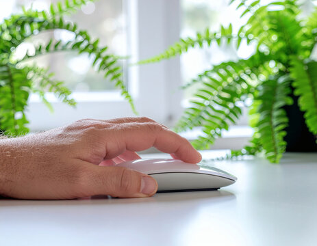 Hand using wireless computer mouse on white modern desk near plant, symbolizing technology, productivity, and digital work in a minimalist professional workspace